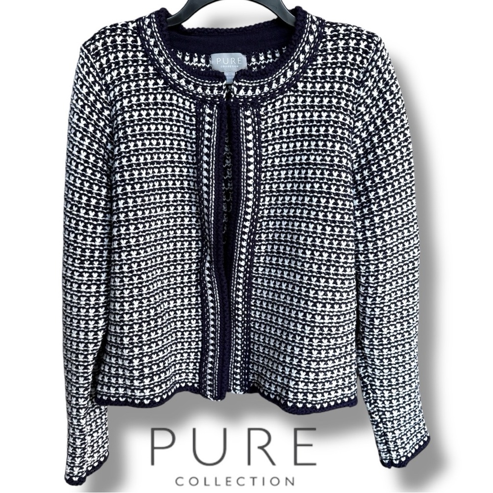 PURE Collection Chunky Hand Knit Navy White Shimmer Open Front Cardigan | 14/16